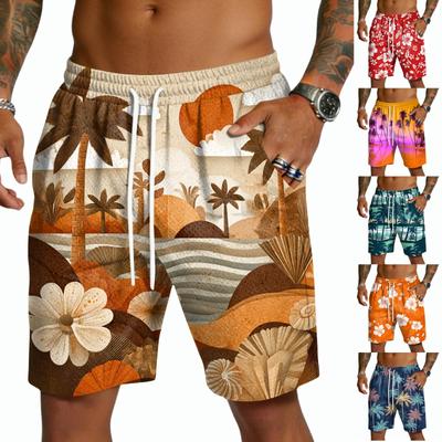Mens Lightweight Drawstring Casual Shorts Quick Dry Five Inch Inseam Elastic Waistband Hawaiian Print Design for Outdoor Activities