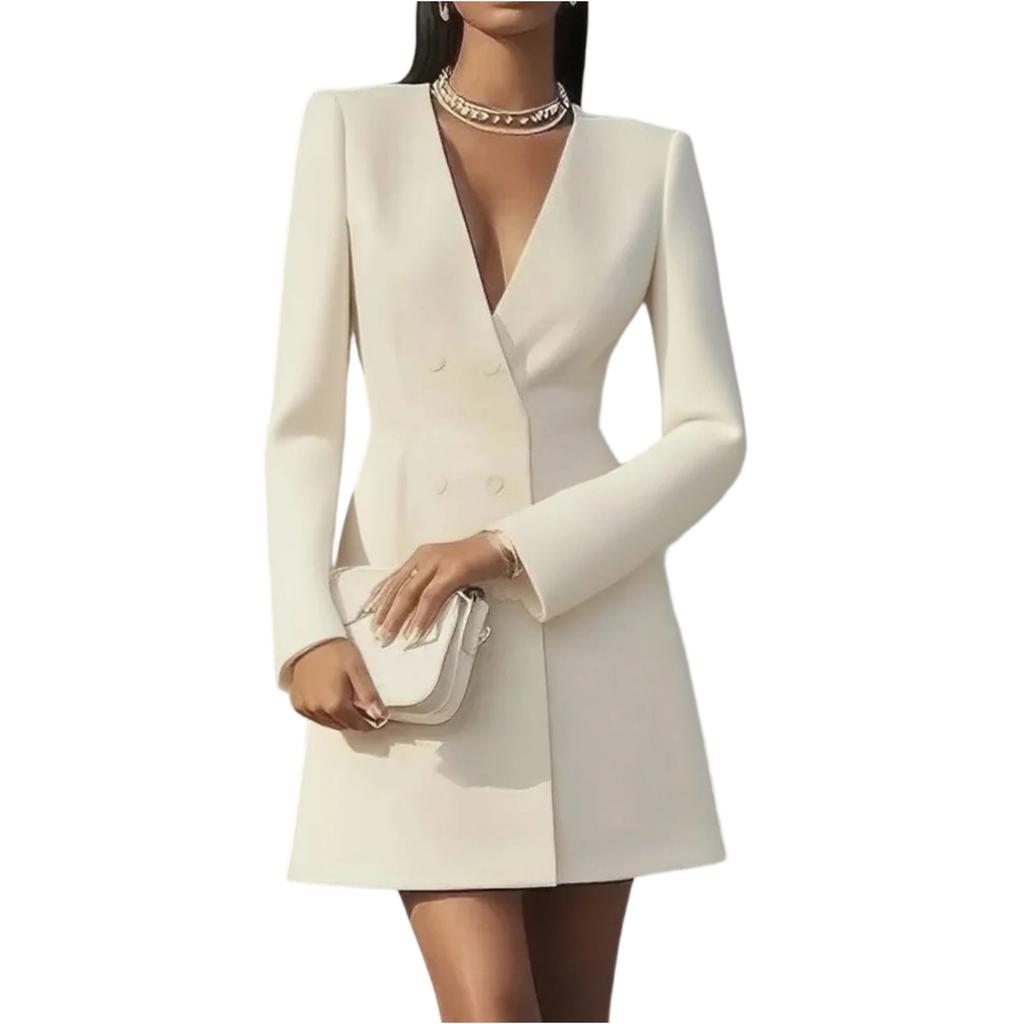 Women's Fashionable Elegance Solid-Colour Long-Sleeved Double-Breasted V-Neck French- Suit Dress