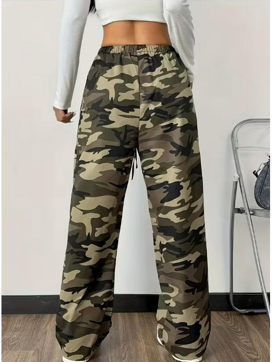 Pantaloni da Donna Stampa Mimetica Verde Militare, Primavera/Estate 2026 - Vita Elastica & Tasche Oblique, Stile Pigro.