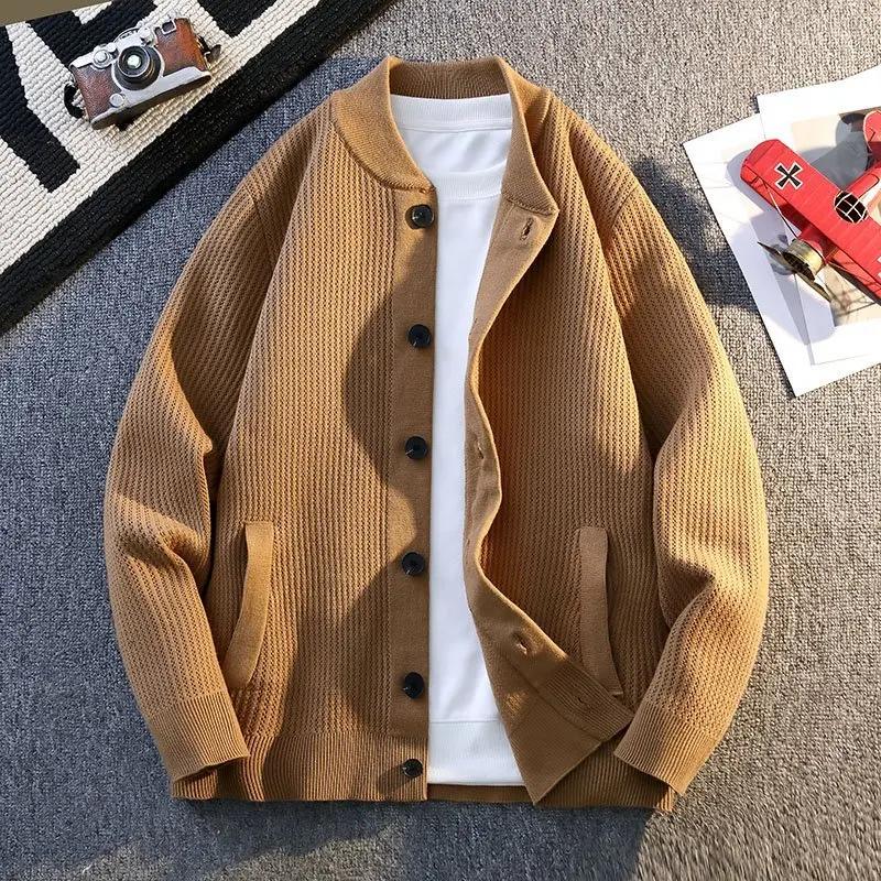 

Spring Autumn Cardigan Men Knitted Sweater Outerwear Youthful Vitality Solid Color Single Breasted Casual Knit Sweatercoat 3XL хакі