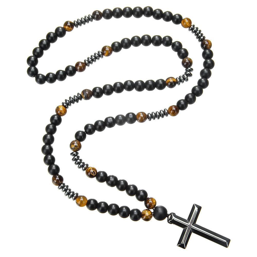 Natural Stone Black Agate Tigers Eye Cross Necklace For Men Hip Hop Jewelry