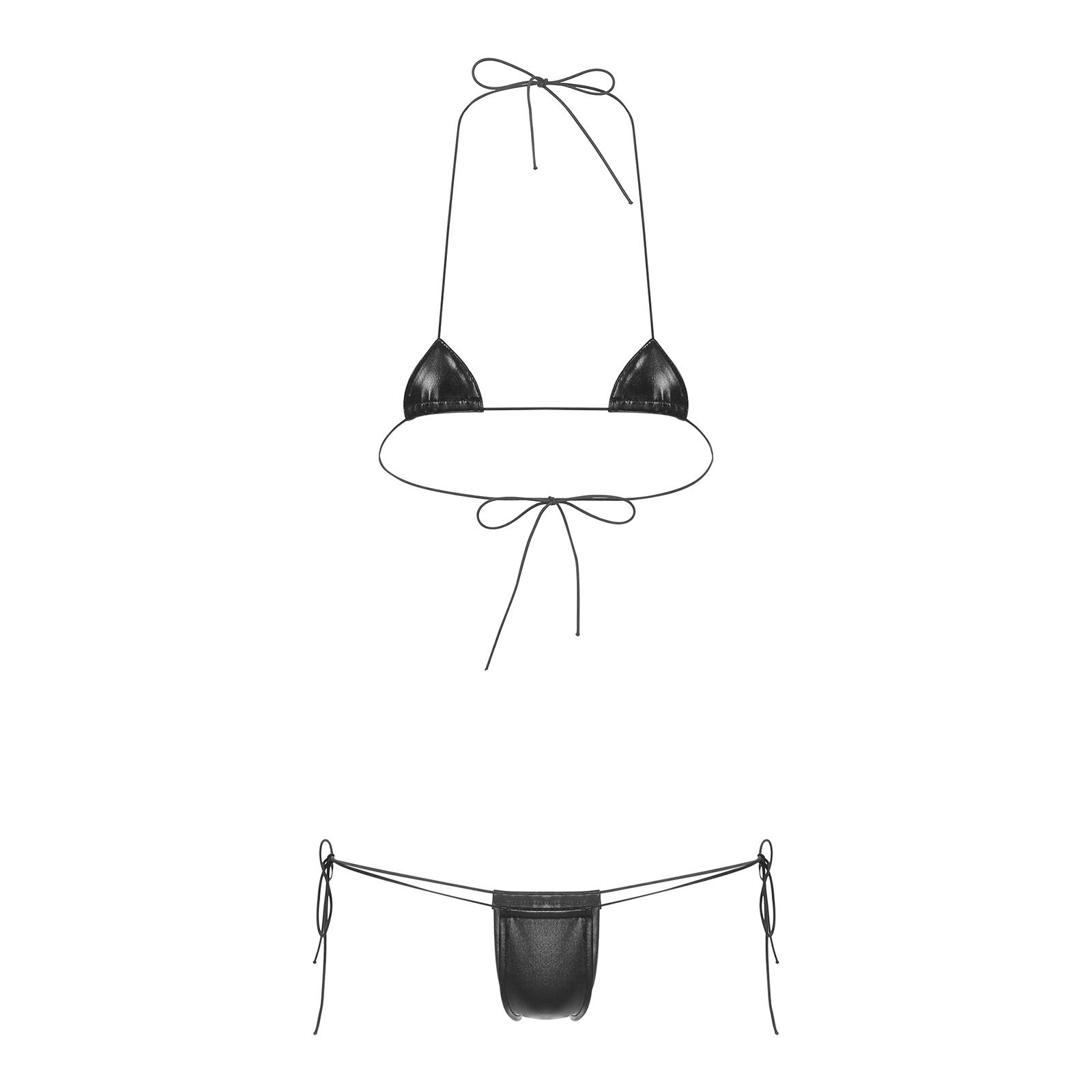 

Женский купальник из 2 предметов, нижнее белье, мини-бикини с эффектом мокрого белья, сексуальный бюстгальтер из лакированной кожи с завязками на шее и низкой талией, стринги One Size