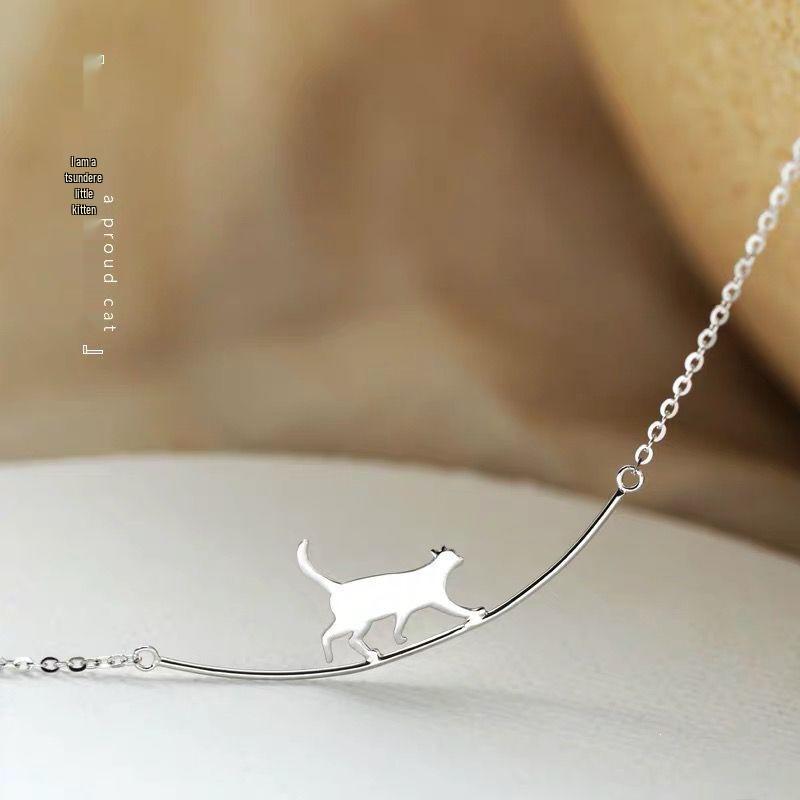 Curved Cat Necklace, 925 Sterling Silver, Cute Clavicle Chain for Women, Korean-Style Trend