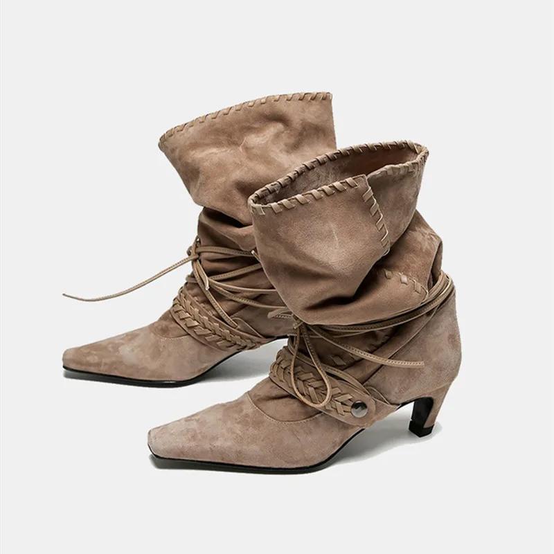 Autumn Winter Faux Suede Weave Lace-up Women Motorcycle Boots Fashion High Heels Chelsea Western Mid-Calf Short Booties Shoes
