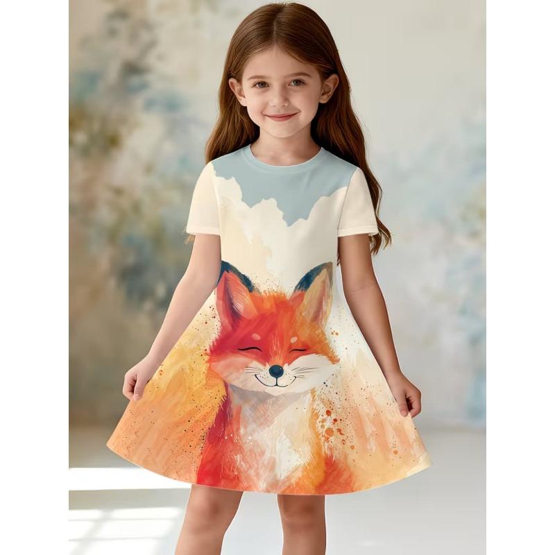 Summer girls fashion casual cute cartoon gradient rainbow full-print round-neck short-sleeved 110
