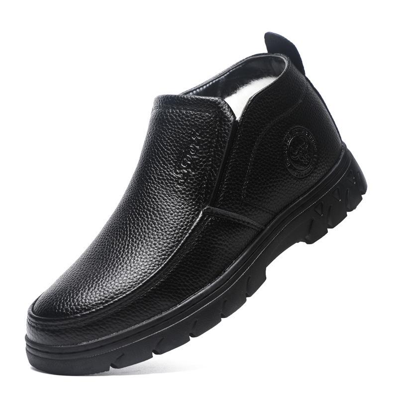 Men's cotton shoes winter fleece warm thickened leather boots thick fleece fur integrated boots business soft leather high top leather shoes