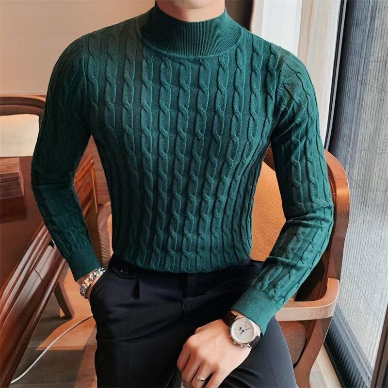 Men's Korean-Style Slim Fit High Neck Sweater - Warm Knitwear for Autumn/Winter