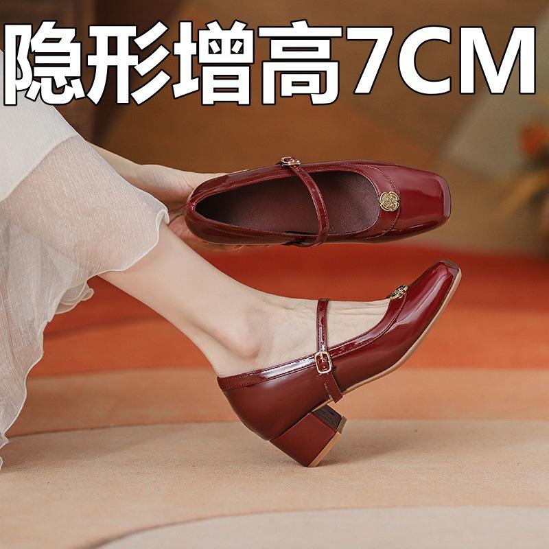 

Camellia Mary Jane shoes women s inner height increase soft leather thick heel red single shoes high heels 34 бордовий