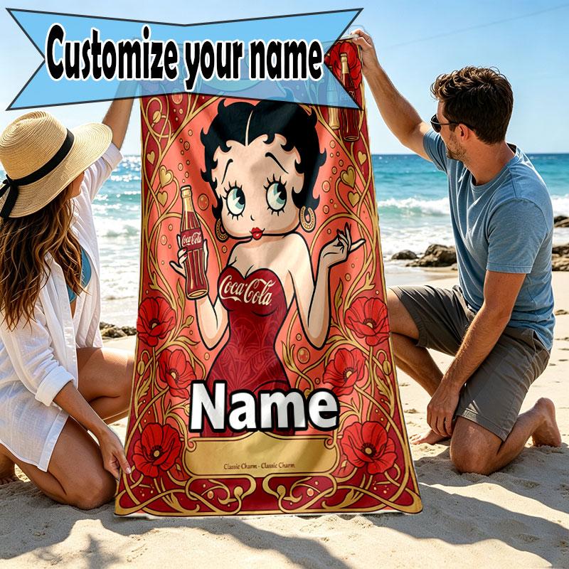 Custom Name Personalized Betty Boop Print Beach Towel, for Trip Camping Beach Party Home Decor, Birthday Gift for Family & Friends