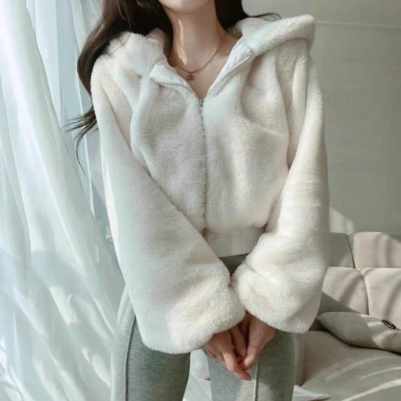 

Autumn and winter small man slim and thin lantern sleeve zipper hooded thickened short fluffy jacket L белый