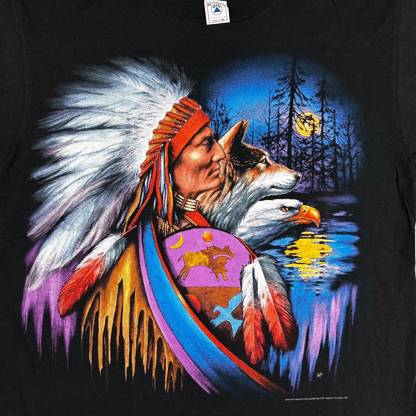 vtg 90s NATIVE AMERICAN MOON BIKER BAR GERMANY T-Shirt XL wolf eagle motorcycle S