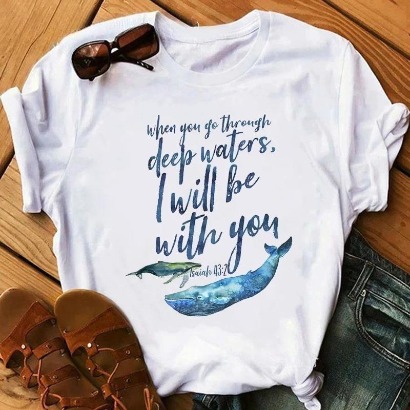 Wen Whale Printed Short Sleeved Tshirt White Watercolor Painting Faith Casual Versatile Neutral Top Home Casual Clothing
