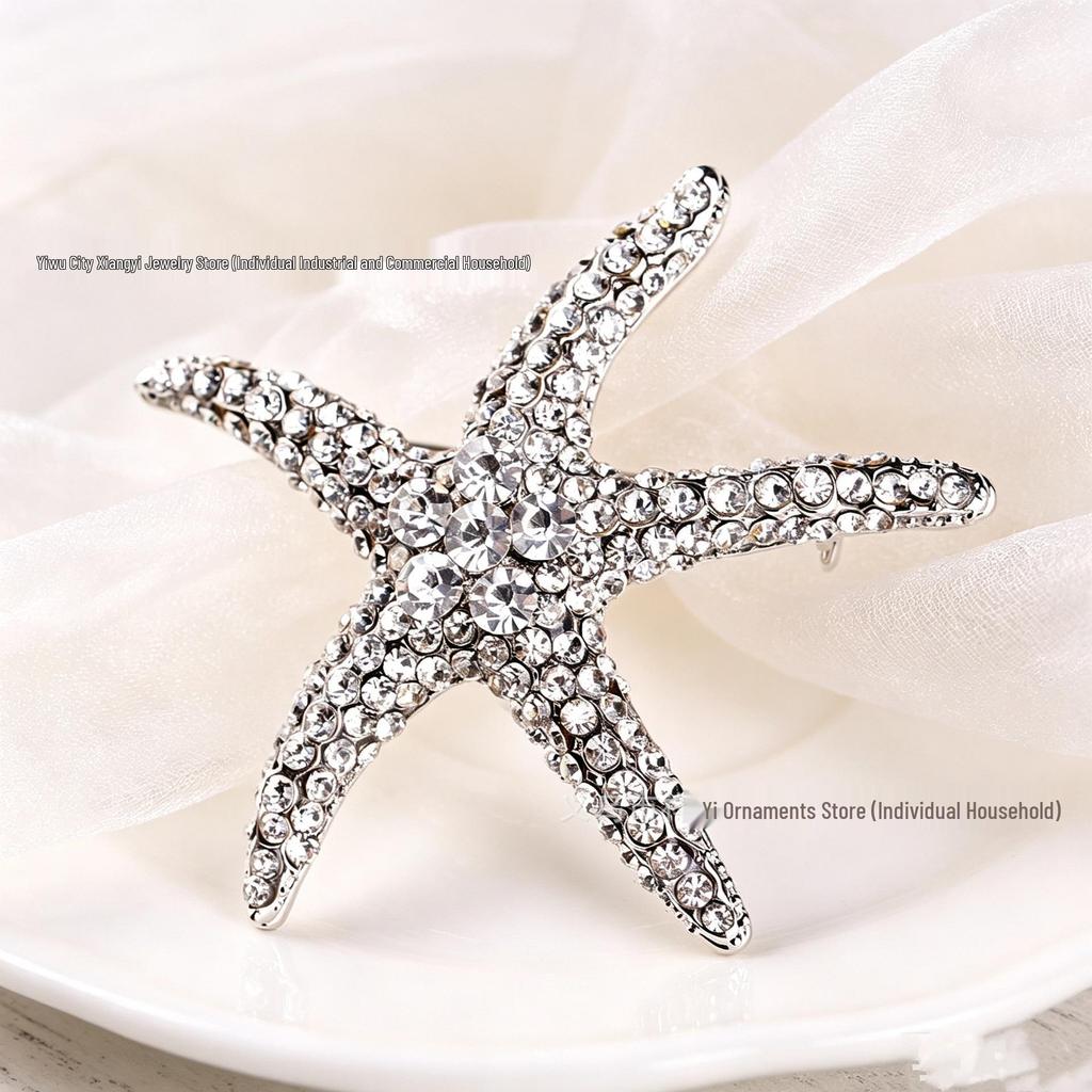 European Vintage Crystal Starfish Brooch – Elegant Women's Pin for Suits and Lapels