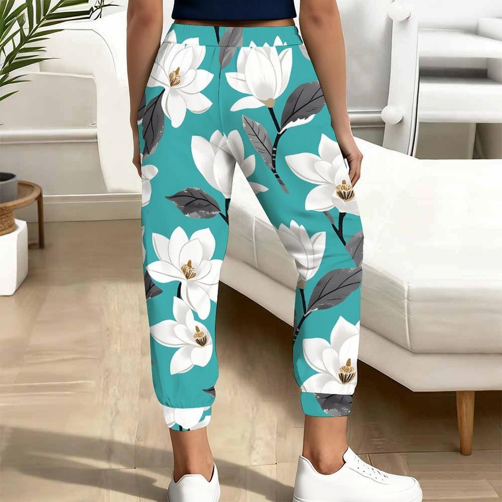 Summer Ladies Realistic Large Flowers Prints Printed Sweatpants Loose Fit Drawstring Joggers Elastic Cuff Daily Casual Pants
