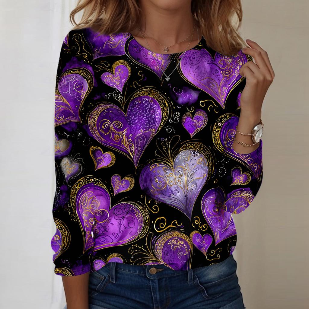 Women's Heart,shaped Printed Round,neck Loose Long,sleeved Top
