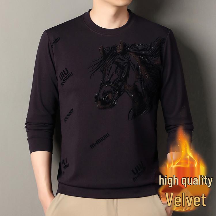 

Men s 2025 Year of the Horse Velvet Hoodie - Thick Long Sleeve, Casual Autumn/Winter Round Neck T-shirt L
