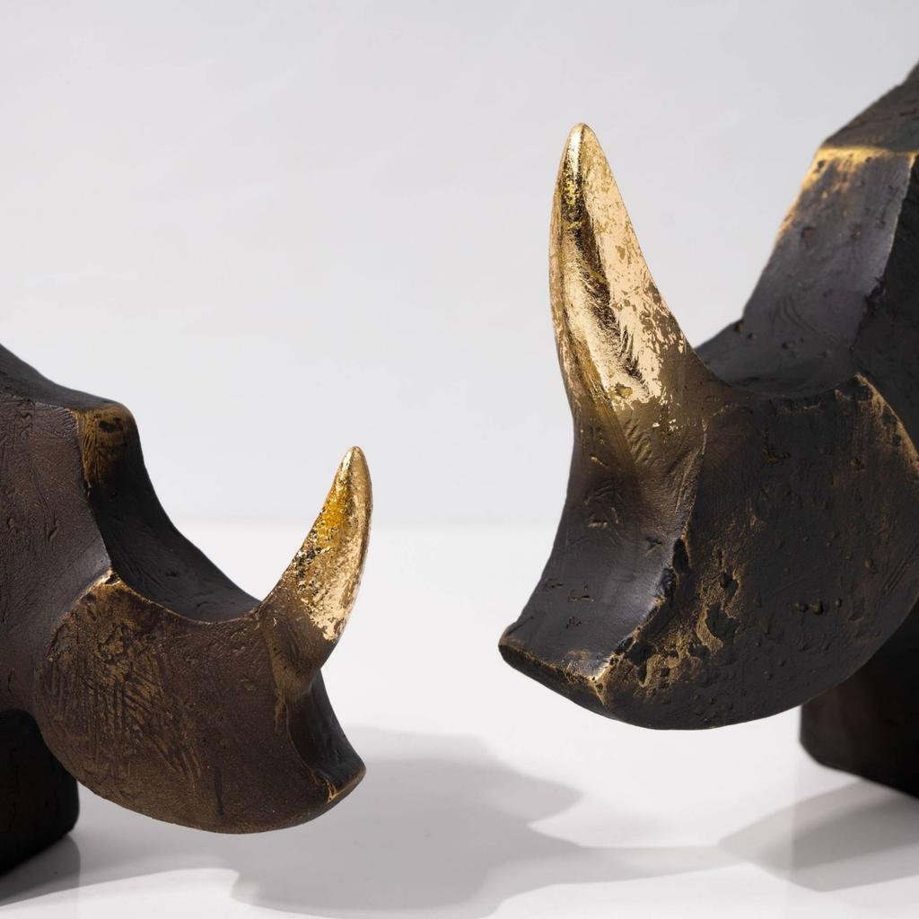 Rhino Sculpture Antique Rhino Statue Sculpture with Gold Tusk Geometric Rhinoceros Statue Rustic for Art Collectors, Tabletop