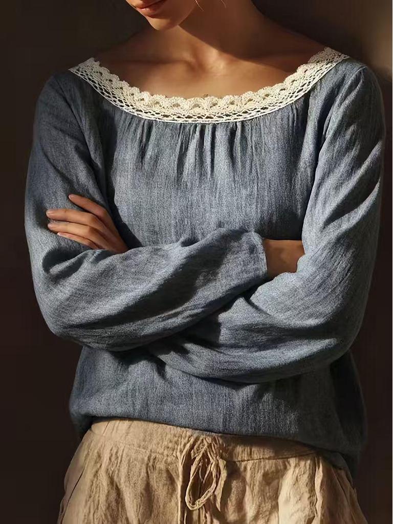 2026 European American Spring-Summer Solid Color Round Neck Lace Long Sleeve Women's Shirt