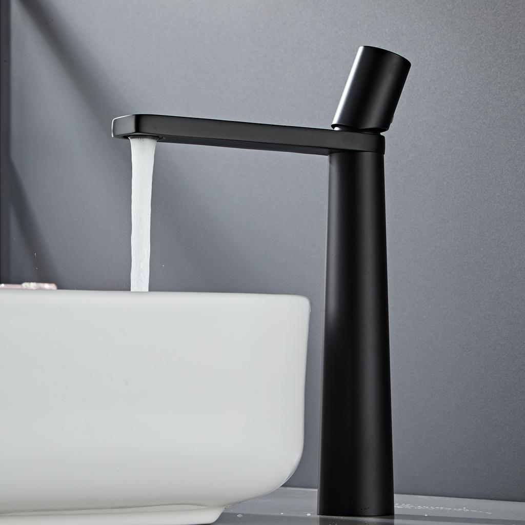 Matte Black Single Handle Hot and Cold Deck Mounted Tall Brass Sink Mixer Round Bathroom Modern Wash Basin Faucet Tap