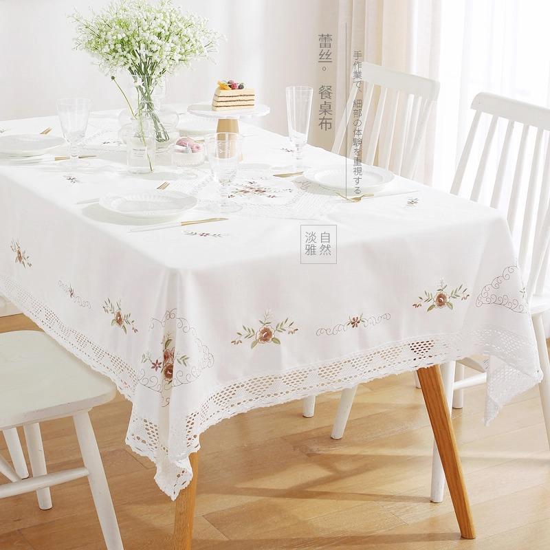 Nappe Coton Blanc Fil Europe Brodé Jupe de Table Couverture Table à Manger Dentelle Fleurie Pastoral Couverture Serviette Table Basse