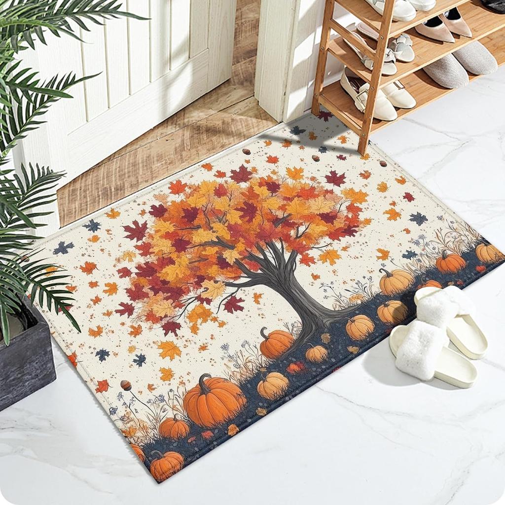 Kürbis Ahornbaum Herbst Herbstblätter Teppich Matte Teppich Thanksgiving Waschbar Rutschfest Heimdekoration für Badezimmer Küche Innen