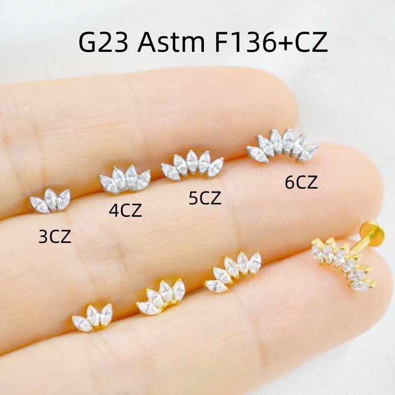 

Титановый лабрет G23 с короной из циркония маркиза для пирсинга медузы, хеликса и хряща. 6 Zircons