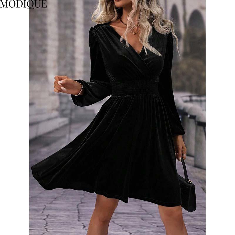 MODIQUE 2025 Spring New Women's Elegant Corduroy Solid Color Lantern Sleeves Elastic Waist Pleated Short Dress Ladies Casual A-Line V-Neck Dress