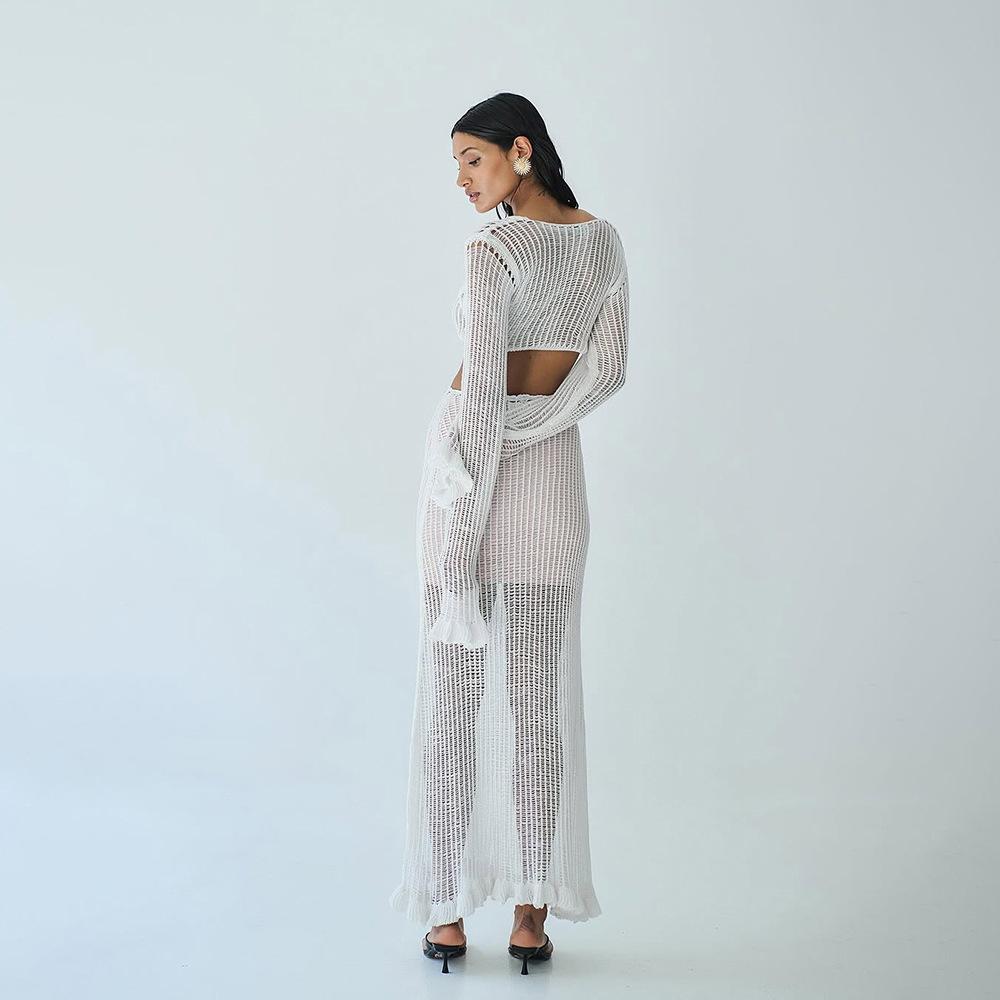 New Sexy Hollow Lotus Skirt Hem Knitted Beach Skirt Bikini Hoodie Dress