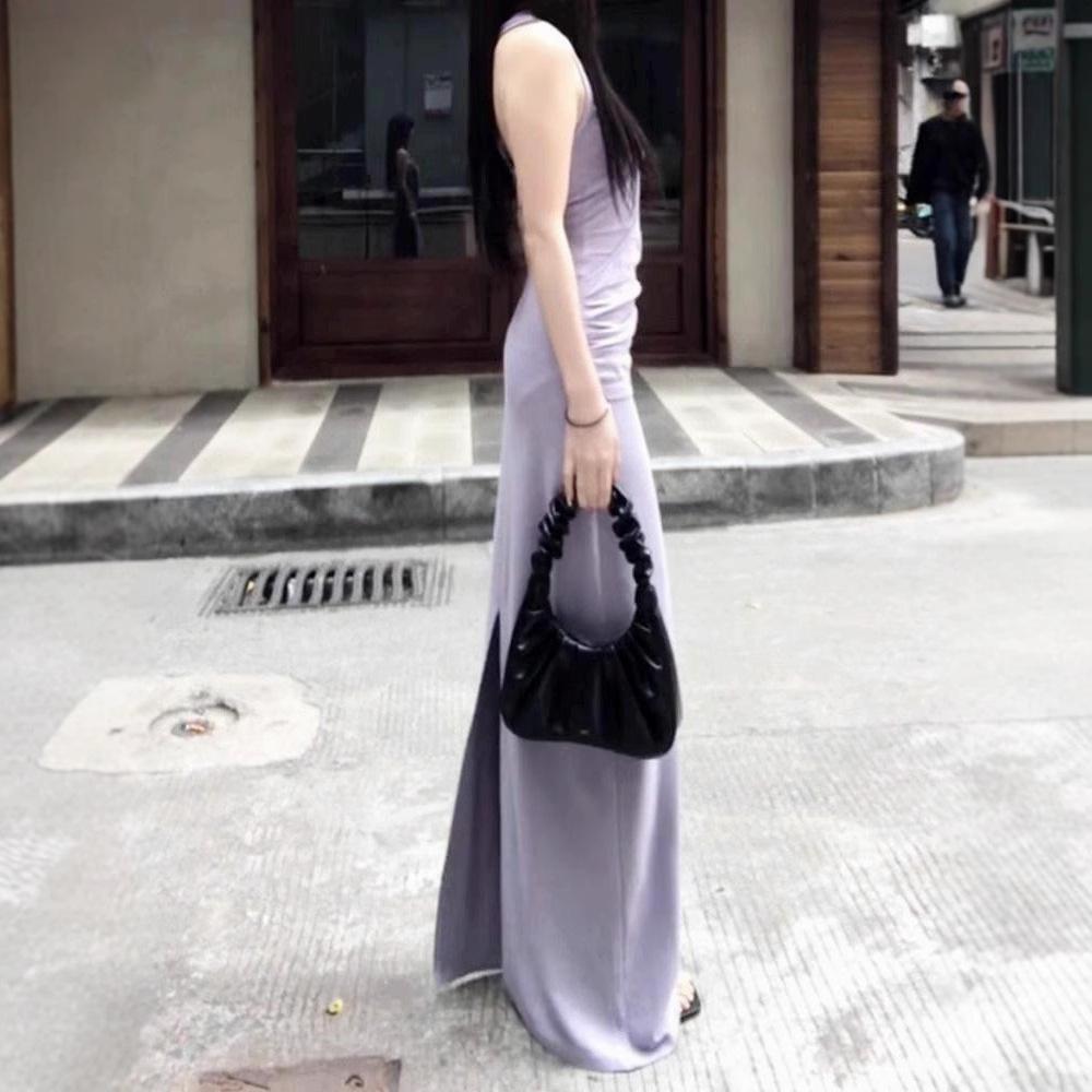 Summer new unique purple sleeveless neck sling long dress women's niche slim-fitting design dress