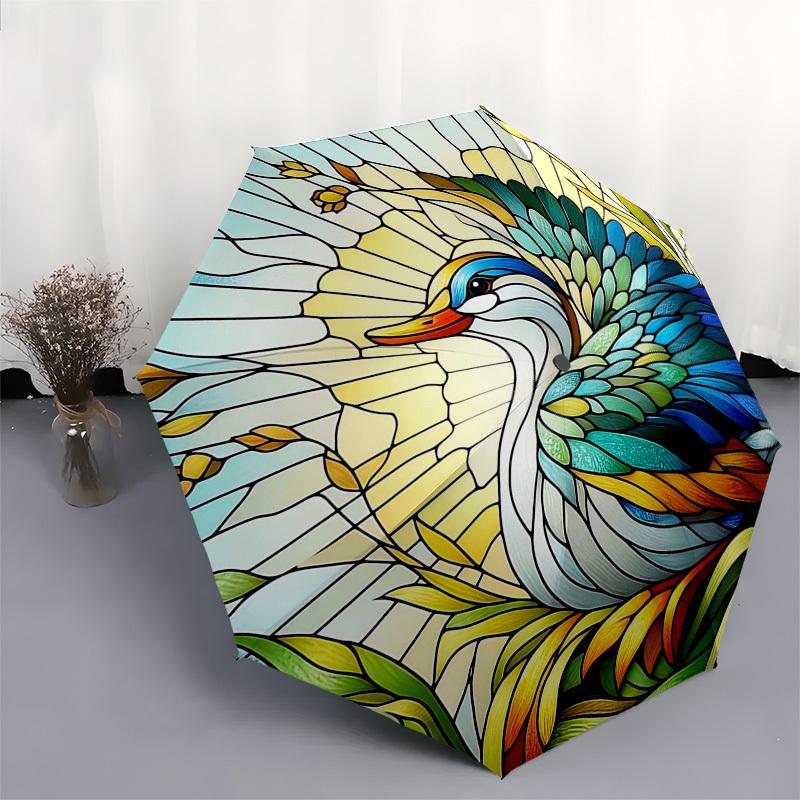 1pc Stained Glass Crane Design Automatic Opening Folding Umbrella with 8-Bone Iron Frame, Suitable for Fans, Travel, Daily Use, and Festive Gifts.SS06