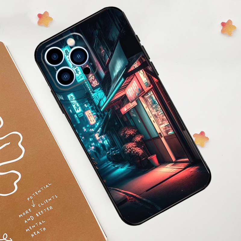 Japanese Night City Aesthetic Phone Case For iPhone 17 Pro Max 14 11 15 16 Pro Max 13 12 mini 16 Plus 16e 17 Air Funda