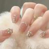 24Pcs Pink Ballet Long Coffin Press On Nails With Rhinestone Love Heart Glitter Full Cover Fake Nail Tips