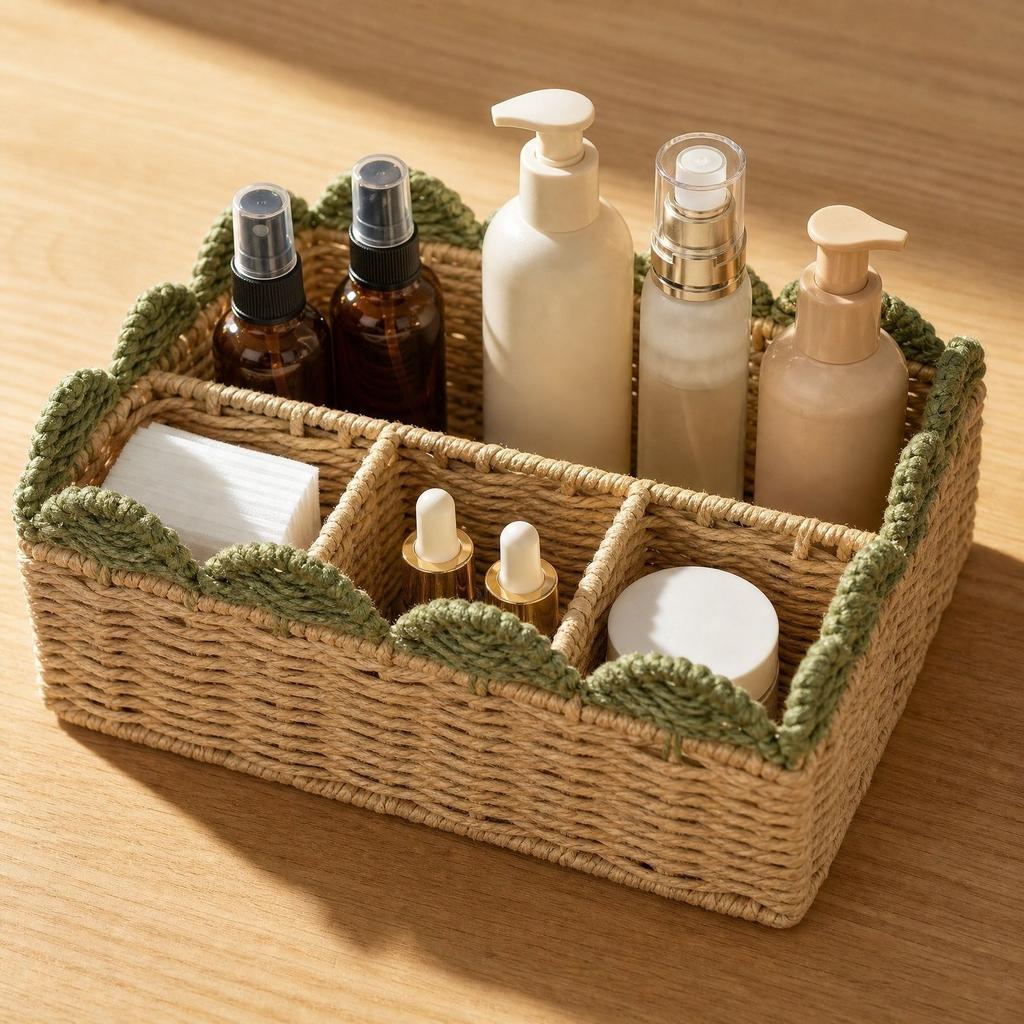 Woven Storage Basket with Internal Iron Frame Divider Organizer for Home Office Desk and Drawer Storage with Multiple Compartments