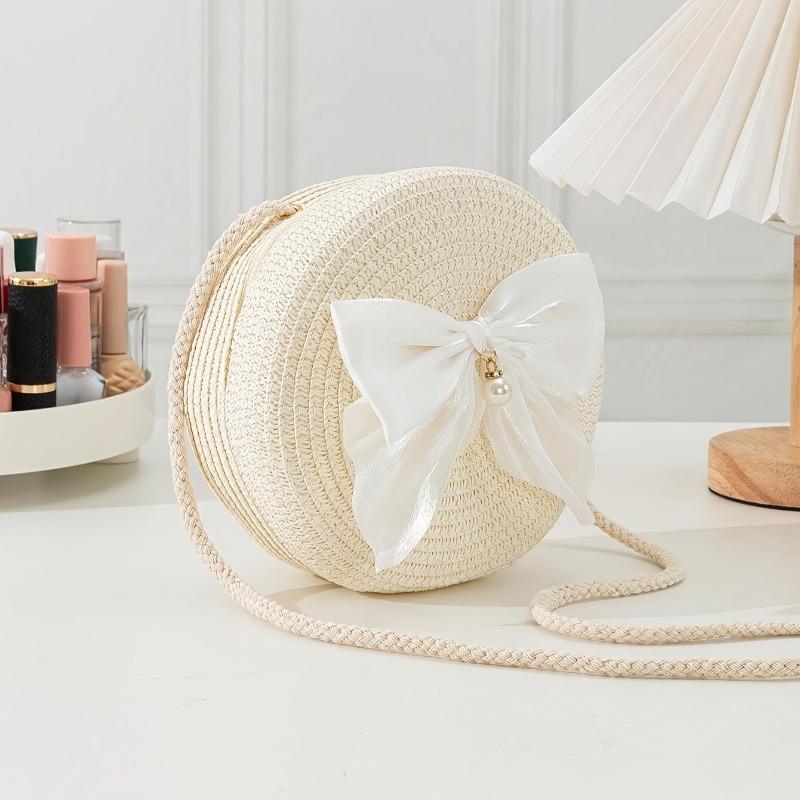 Elegant Round Straw Crossbody Bags with Bow Decoration Bohemian Chic Style Breathable Woven Design Beach Vacation Accessory