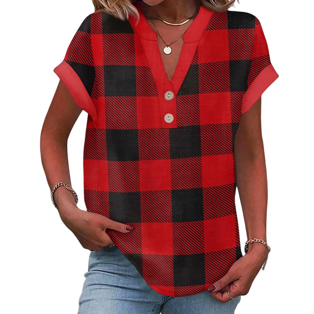 Women's Casual Fashion V-Neck Button Plaid Printed Short Sleeve Top