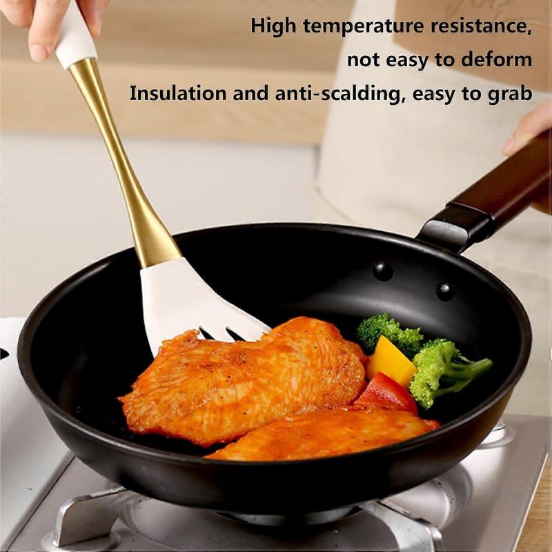 8Piece Silicone Kitchen Utensils Set with Gold Stainless Handles, Heat Resistant Nonstick Cooking Tools