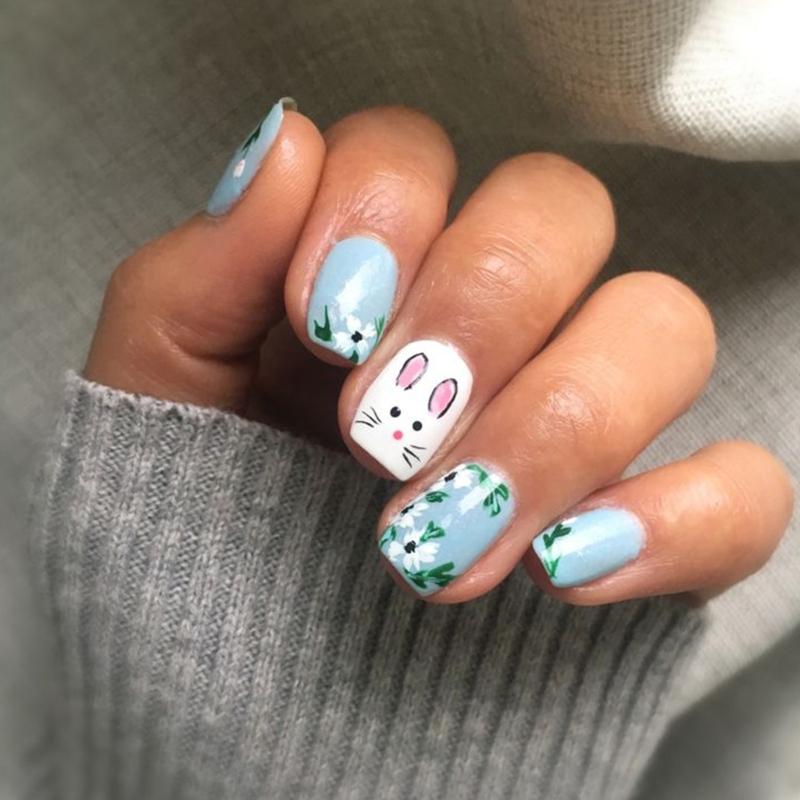 

24Pcs Easter Themed Short Square False Nail With Rabbit And Floral Patterns Full Cover Glossy Acrylic Press on Nail 1