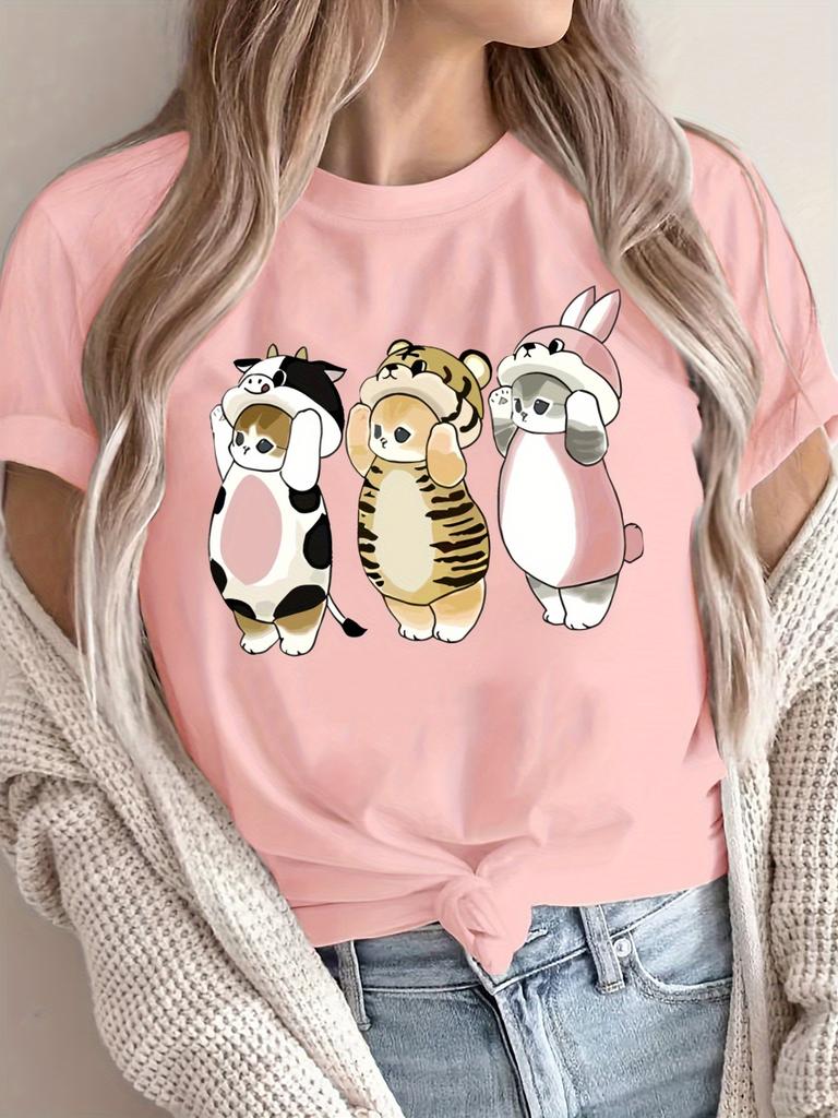 Women's Cute Cartoon Animal Print Short-Sleeve T-Shirt Casual & Sporty Design for with Adorable Cat Dog Rabbit & Bear Graphic