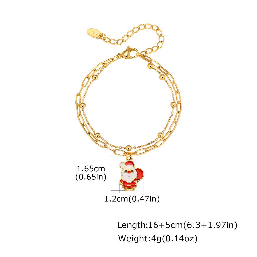 Cartoon Santa Claus Stainless Steel Double Layer Bracelet for Women, 18K Gold Plated Christmas Bracelet, Trendy Jewelry Gift