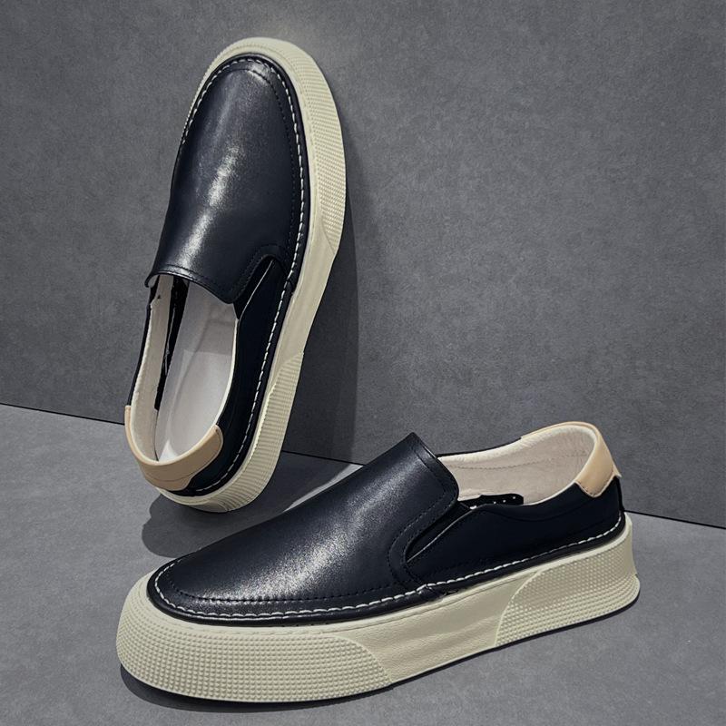 Cross-Border One-Pedal Men'S Shoes First-Layer Cowhide Thick-Soled Casual Board Shoes Spring New Lazy Foot Cover White Shoes Genuine Leather