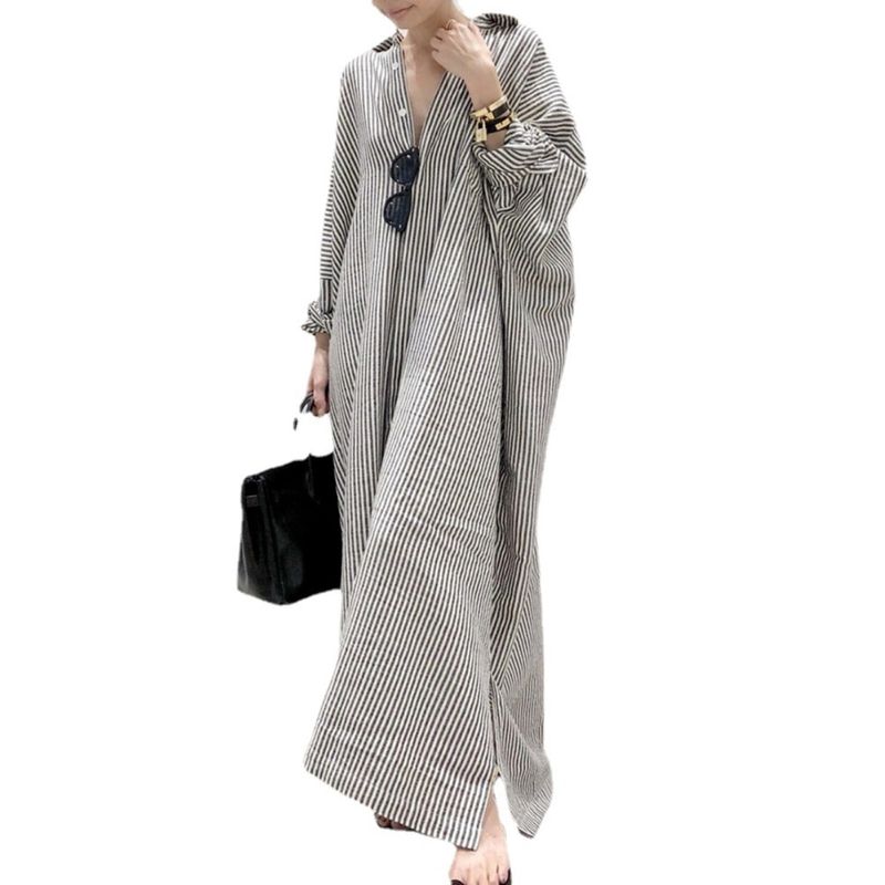 and South Korea Spring & Fall New Arrival Polo Collar Stripes Loose Hong Kong Style Loose and Idle Casual Long Sleeves Single-Breasted Shirt Dress