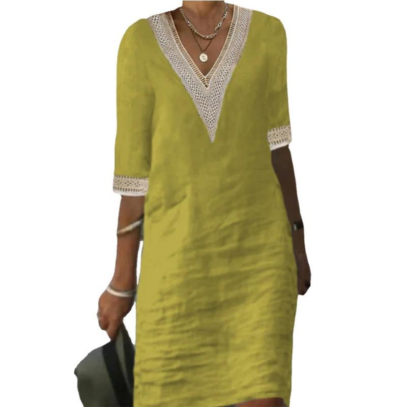 Spring and Summer Solid Color V-neck Cotton and Linen Dress