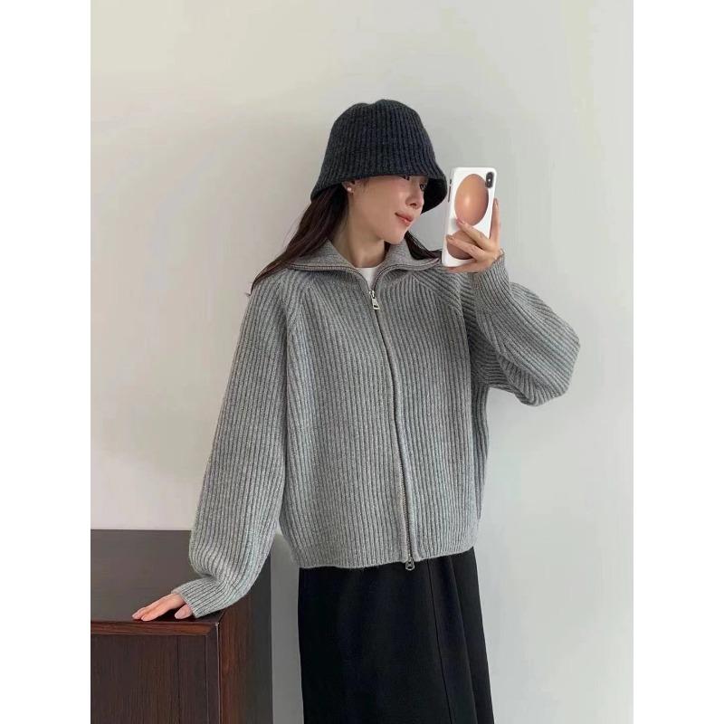 New solid color pit strip double zipper design sense shoulder long sleeve knitted jacket women solid color simple sweater women