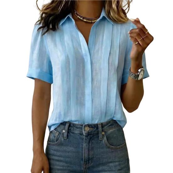 Women Tops Lapel Short Sleeve Buttons Placket Shirt Tops Pure Color Loose Fit Casual Style Shirt Home Dates Versatile Wear M