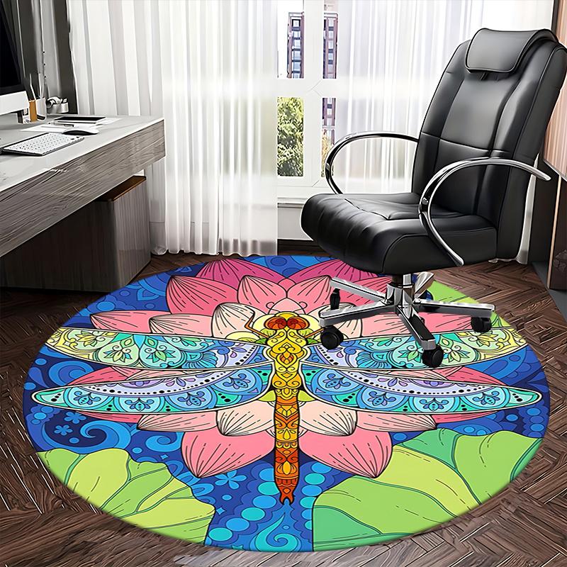 Colorful Dragonfly Office Carpet Chair Mats, Vibrant Lotus Design for Home Decor, Office Carpet Gift, Suitable for Bedroom, Living Room, Various Room