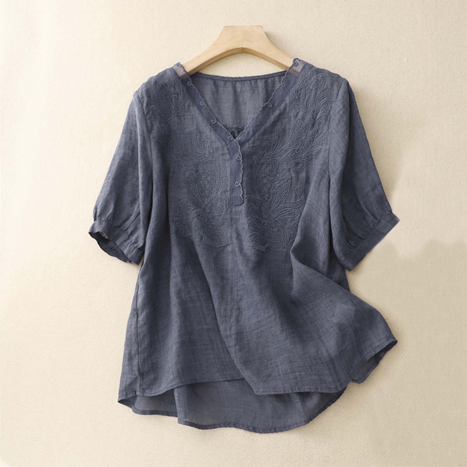 

Винтажная хлопковая льняная блузка для женщин, летняя тонкая рубашка с V-образным вырезом и коротким рукавом, повседневный свободный пуловер, топ, блуза, уличная футболка в стиле бохо S