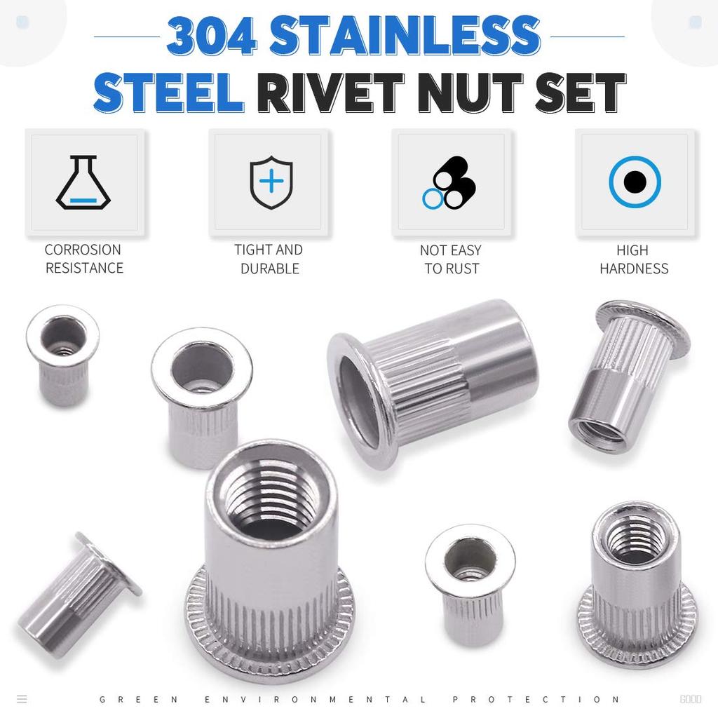 180Pcs 304 Stainless Steel Flat Head Threaded Nut Insert Nutsert  Nut Assortment Kit - M3  M5 M6 M8 M10