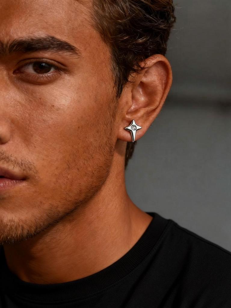 Fashion Hip Hop Cubic Zircon Star Small Stud Earrings for Men Simple Stainless Steel Pierced Earrings Hypoallergenic Jewelry