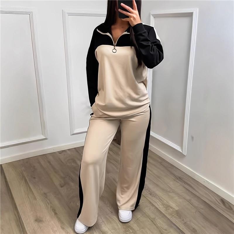 

Women 2 Piece Tracksuit Color Block Half Zip Sweatshirt & Wide Leg Pants Set Casual Knit Loungewear Outfit L абрикосовый