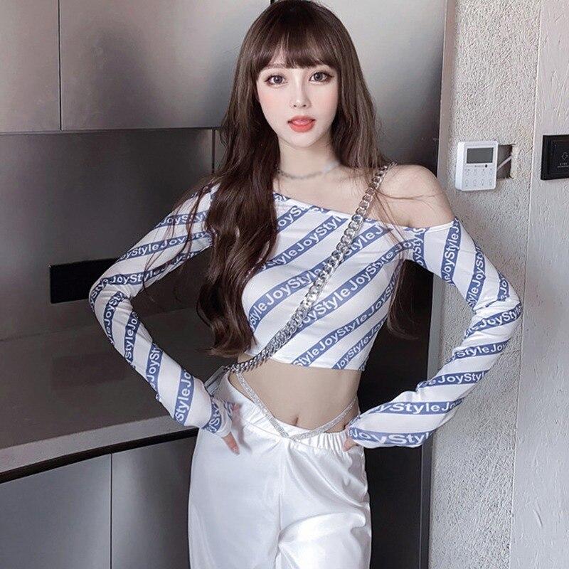 

Женское письмо Принт Косой воротник Футболка Осень Сексуальная экспозиция ПупОк Длинный рукав Футболка Топы